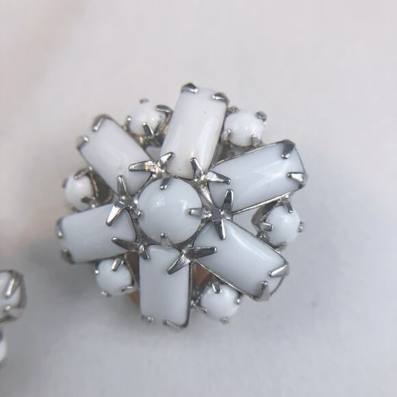VTG Milk Glass, Rhinestone Clip-On Earrings 1950s Mid-Century Lot of 2 Pairs - Picture 4 of 7
